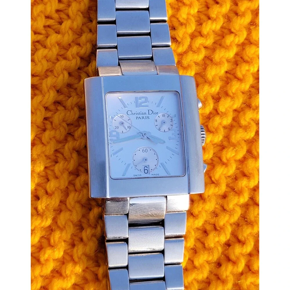Christian Dior Riva Chronograph Watch Silver Rectangular Swiss Made Luxury